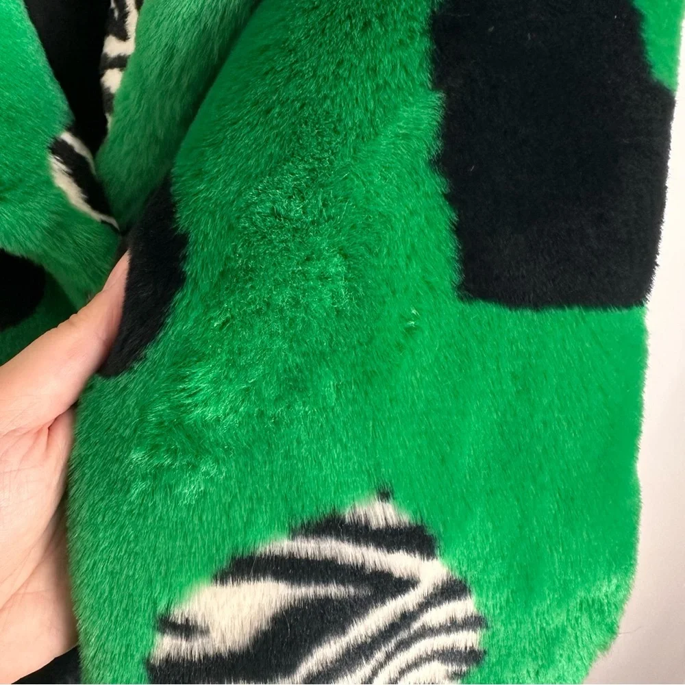 Maeve by Anthropologie Faux Fur Coat Green Black Multi Hearts Sz Medium NWT - Picture 15 of 16